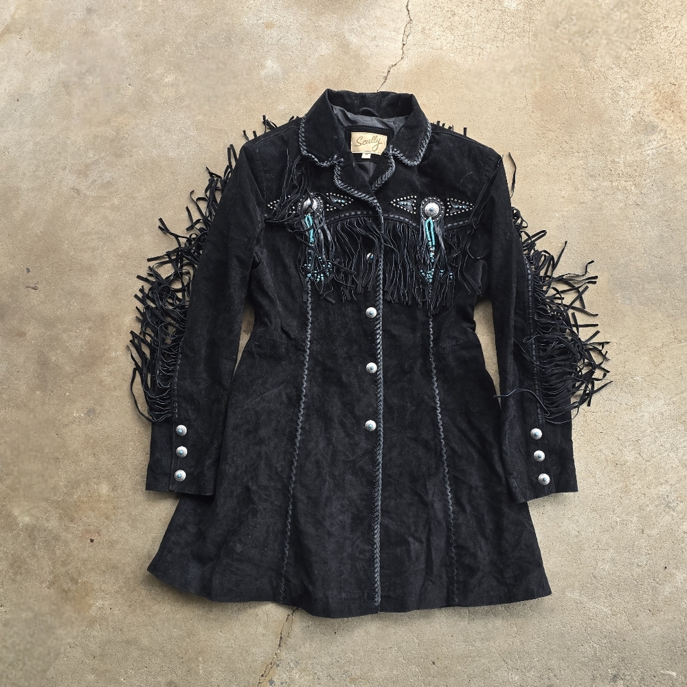Scully Black Suede Fringe Western Coat with Conchos